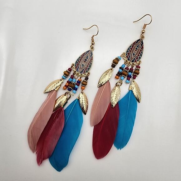 Multicolor Boho Feather Earrings - Picture 3 of 9